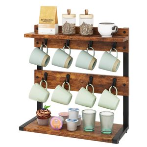Vintage Distressed Wooden Cup <b>Rack</b> With Hooks 4 Layers <b>Kitchen</b> Storage Organizer For Mugs And Coffee Supplies - Product Image 5