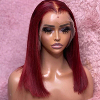 Perruque Courte Bob Transparente Bourgogne 10-14 Pouces en Cheveux Indiens Vierges 99J Lisses Sans Colle Double Drawn HD Lace Front Densité 200%