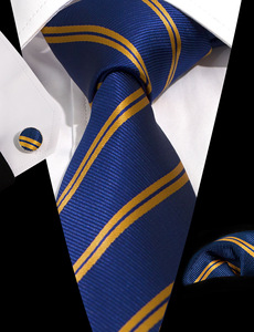 Cravate en soie de 8,5 cm de large, bleu royal, à rayures dorées, ensemble avec pochette et boutons de manchette pour homme - Product Image 1