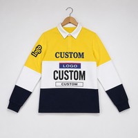 Polo de rugby style universitaire personnalisé avec logo sérigraphié, color block, en coton 100%, pour garçon, style hip-hop, manches longues