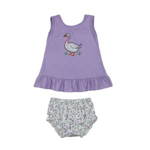 GBO0502 Conjunto de Ropa para Niña Pequeña Personalizado Sin Pedido Mínimo, Morado con Bordado Floral de Pato y Lazos, Pantalones Cortos sin Mangas, Venta al Por Mayor - Product Image 1