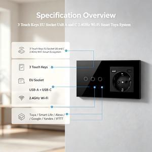 우바로 와이파이 스마트 터치 스위치 및 EU 슈코 소켓 USB C 강화유리 패널 <span class=keywords><strong>3</strong></span>구 1웨이 음성 제어 앱 연동 고급 모던 디자인 - Product Image 6