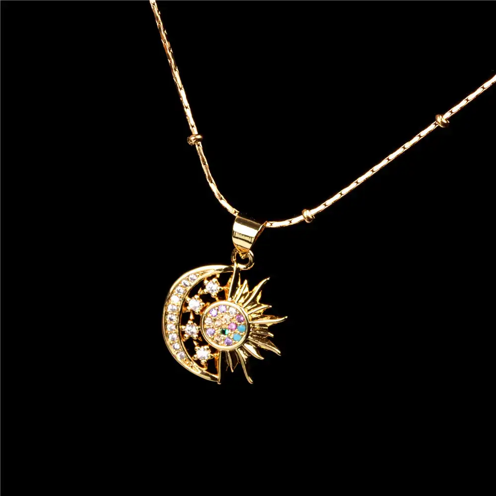 Toptan Vintage gerçek altın kaplama güneş ay kolye kolye renkli kristal Rhinestone altın ton güneş ay kolye kolye