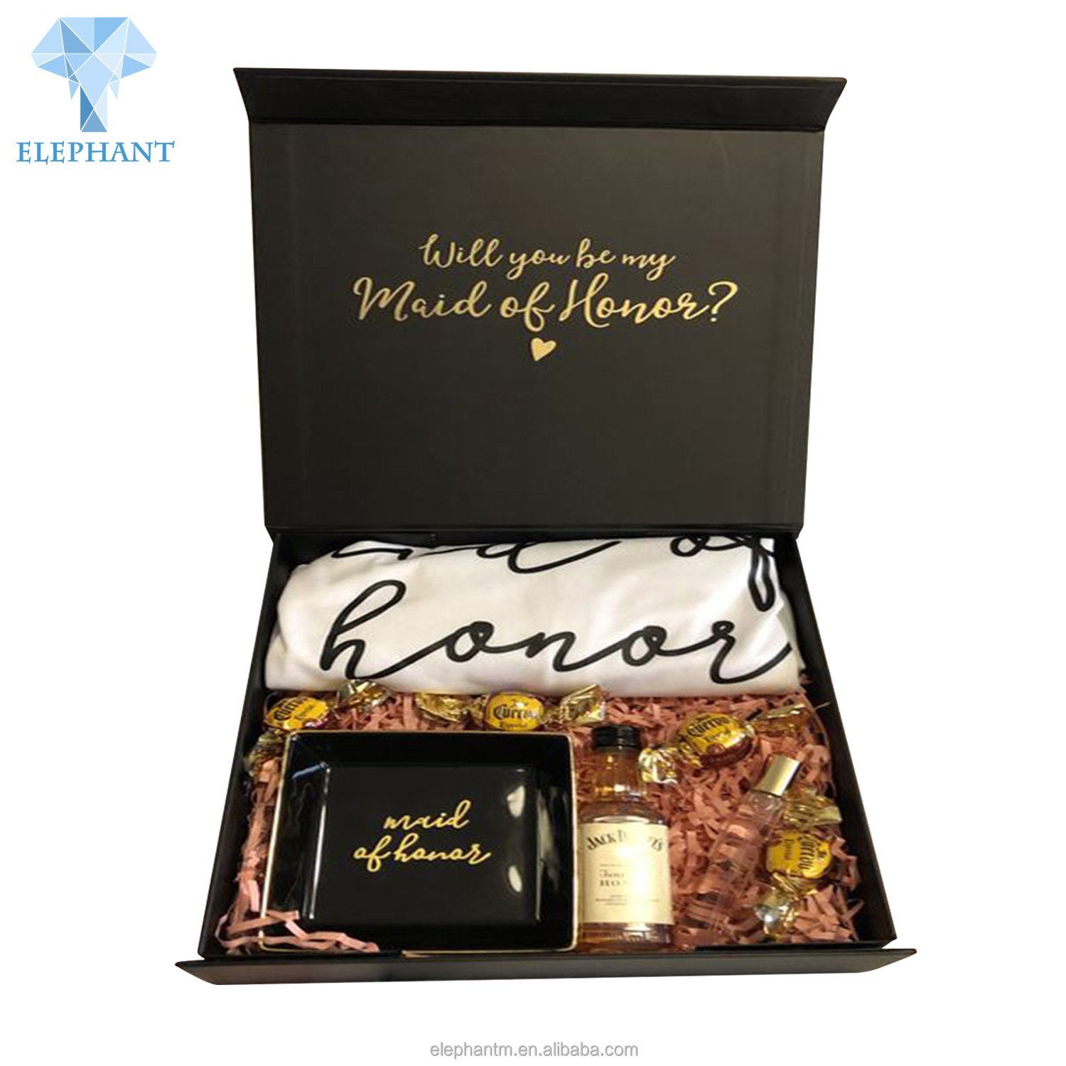 Luxury Gilding Gold Stamp Liquor Box Packaging Bar Packaging Box Luxury Black With Ribbon