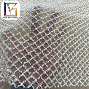 Di lusso ad alta densità perline di perle tessuto di pizzo <span class=keywords><strong>bianco</strong></span> francese da sposa pesante con perline in <span class=keywords><strong>Tulle</strong></span> tessuto di pizzo per abito da sposa - Product Image 1