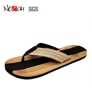 Nicecin Custom Rubber Fly Gebreide Bovenste Leeg Heren Slipper Zwarte Bloem Hout Eva Sandalen Strand Bont Mannen Flip Flops