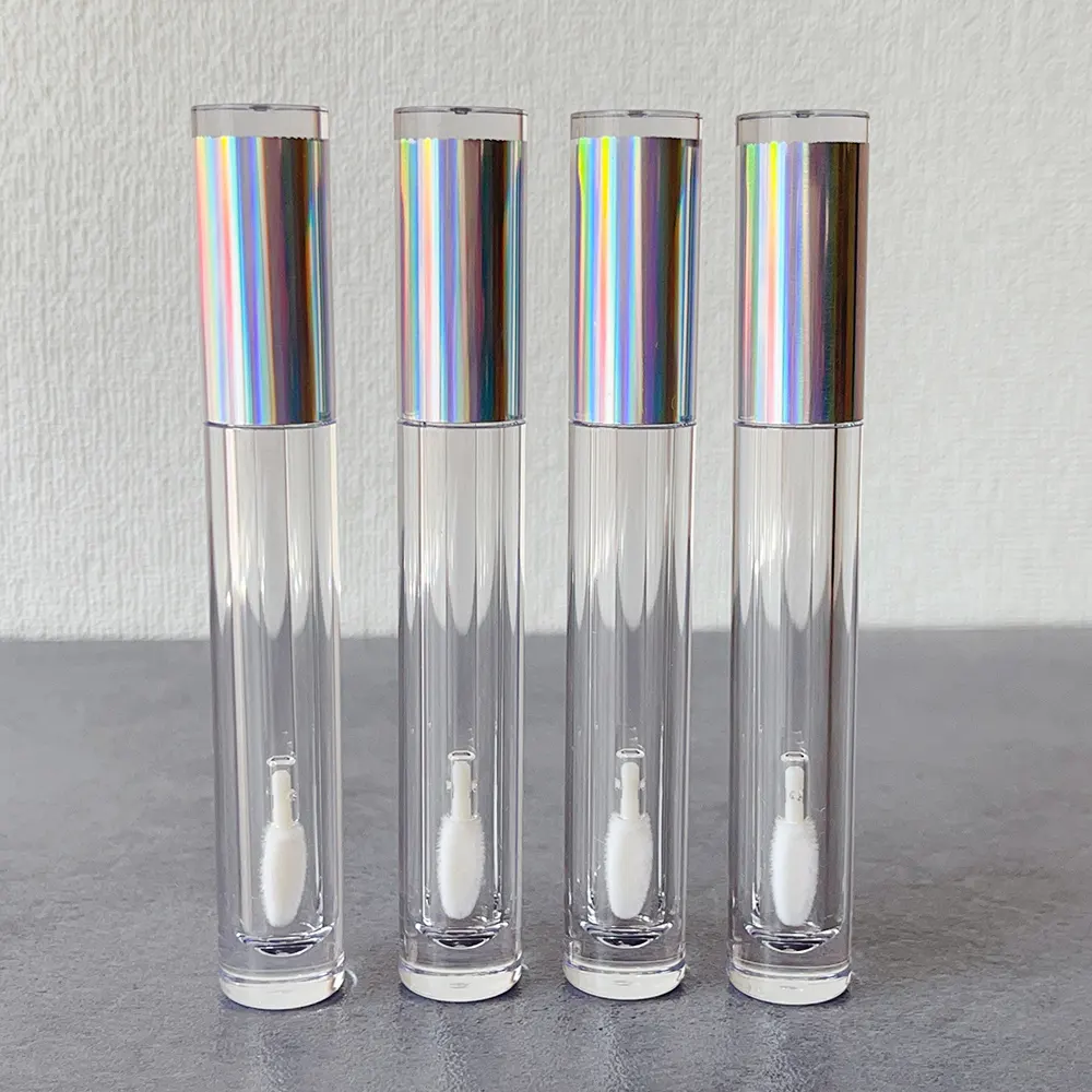 JIE MEI Stock MOQ 100PCS Holographic Cap 4ML Empty Clear Lipgloss Bottle Custom Round Lip Gloss Tube Container With Flat Brush