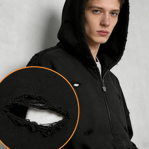 OEM Custom Logo Streetwear Men Distressed Ripped Hoodie Vintage Black Zipper <b>Puller</b> Full Zip Up Oversized Boxy Fit Hoodie - Product Image 2