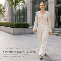 Cardigan court personnalisé OEM ODM pour femme, pull en maille ouverte au crochet, col en V, manches longues, à nouer devant, ourlet festonné, tricot pour femme