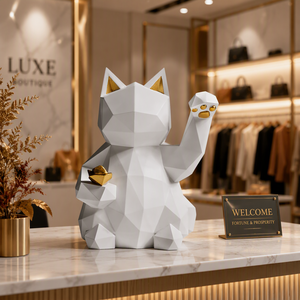 Figura de Resina de <span class=keywords><strong>Gato</strong></span> de la Suerte Geométrico, Moderna Escultura Minimalista de Maneki Neko en Blanco y Dorado, Arte de la Fortuna para Decoración del Hogar o Escritorio, Regalo - Product Image 2