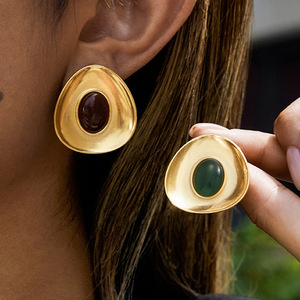 Stud <b>Earrings</b> 18K Gold Stainless Steel <b>Red</b> Inlaid Geometric Concave Design For Fashion Jewelry - Product Image 2