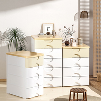 Commode de rangement 5 tiroirs en plastique avec dessus en bois clair pour vêtements, idéale pour le salon