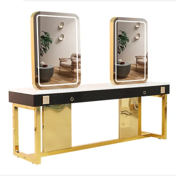 Mobiliário de salão de beleza cabeleireiro com lâmpada de ouro dedicado barbeiro espelho salão