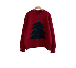 Bas prix bonne qualité chandails de noël arbre graphique vintage femmes pull de noël rouge