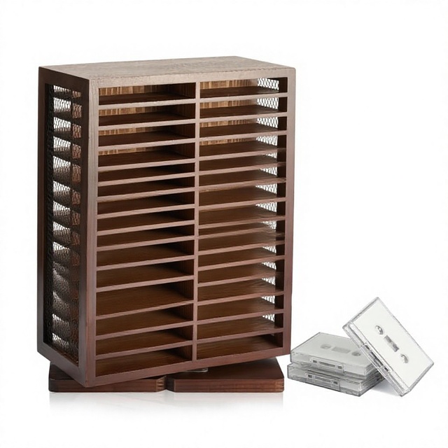 Cassette Tape Holder 56 Capacity 360 Rotating Double Sided Non-Folding Standing Storage Rack Rustic Brown Metal Wood