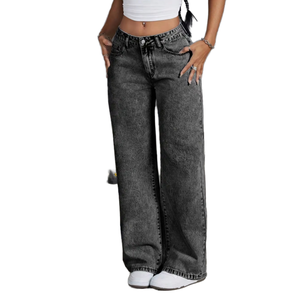 <span class=keywords><strong>Pantaloni</strong></span> in Denim a vita alta a gamba dritta da <span class=keywords><strong>donna</strong></span> <span class=keywords><strong>con</strong></span> ricamo a fiocco <span class=keywords><strong>pantaloni</strong></span> Jeans Casual traspiranti - Product Image 2