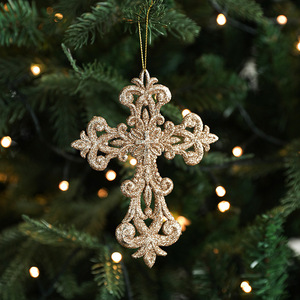Crucifijo Colgante para Árbol de Navidad, Adornos de Copos de Nieve Navideños con Alas de Ángel y Brillo Champán para Decoración de Árboles de Navidad - Product Image 5