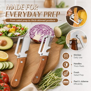 Lot de 2 <span class=keywords><strong>éplucheur</strong></span>s de légumes multifonctions en gros avec manche en bois et coupe-juliennes en acier inoxydable - Product Image 4