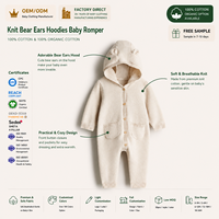 Combinaison à capuche pour bébé en coton tricoté avec oreilles d'ours, boutons en bois et poches, pour nouveau-né, vente en gros, OEM, ODM, fournisseur personnalisé
