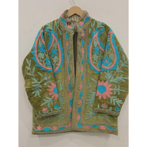 Women's Velvet Floral Embroidery Quilted Blazer <b>Mandarin</b> <b>Collar</b> Full Sleeve Autumn Winter <b>Jacket</b> Suzani Embroidery Quick Dry - Product Image 1