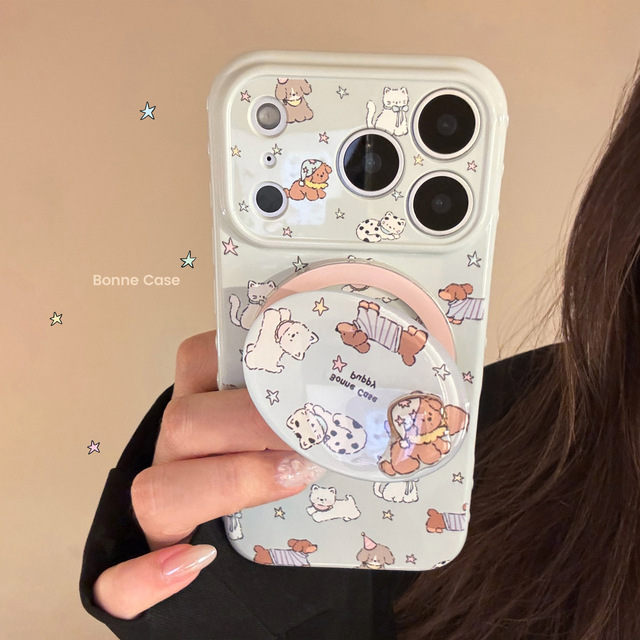 Blue cute pet cartoon Phone Case For 17 Apple 17pm iPhone 16 rotating magnetic suction stand Holder Cover 13 anti-drop