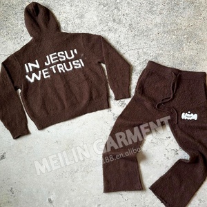 OEM Custom Design Logo Flared Sweatpants Tracksuit Two Piece Knitted Mohair Sweatsuits Unisex Set High Quality Mohair Set - Product Image 3