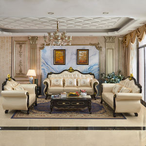 Europese Stijl Echt Lederen Bank 123 Set, Grote Driezitter Met Ebbenhout Massief Houtsnijwerk - Product Image 3