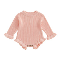 Quantité minimale de commande bas couleur personnalisée fabricant infantile bébé vêtements coton tricot bébé fille combinaison à manches longues à volants garniture enfants barboteuse