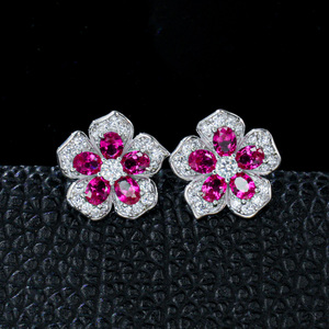 925 <b>silver</b> ruby <b>earrings</b> with five petal flower light luxury <b>earrings</b> - Product Image 2