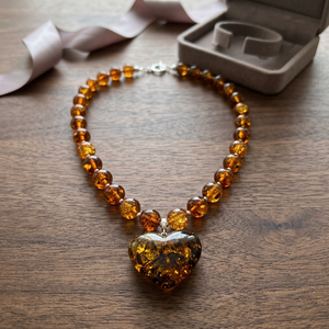 Hand-made Resin Amber Color <b>Beaded</b> <b>Necklace</b> with Heart Pendant Women's Fashion Jewelry for Party Occasions - Product Image 1