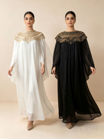 Élégante Cape Abaya Dorée à Paillettes et Perles en Polyester, Kaftan Long Ample en Mousseline Anti-Plis pour Mariage et Soirée d'Automne