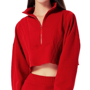 Usine Design français éponge coton demi-fermeture éclair sweat femmes blanc recadrée ourlet brut sweats - Product Image 2