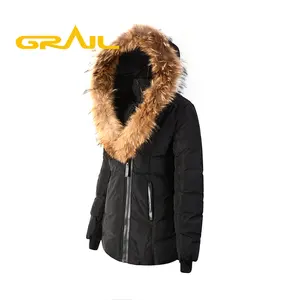 Parkas con capucha para mujer, chaqueta con cuello de piel de mapache marrón con capucha desmontable, plumón de pato teñido liso