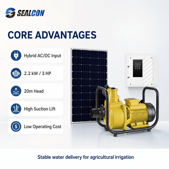 2.2kW 3HP Hybrid AC DC Solar Pump Factory, 20m Head High Suction Surface Solar Pump Agricultural Irrigation Water Transfer Use