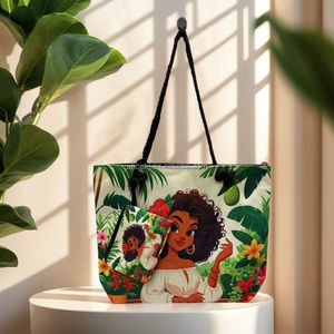 <strong>Fun</strong> Cartoon Pattern African Black Girl Art Print Women's Waterproof Canvas Zipper Tote <strong>Bag</strong> for Wholesale - Product Image 6