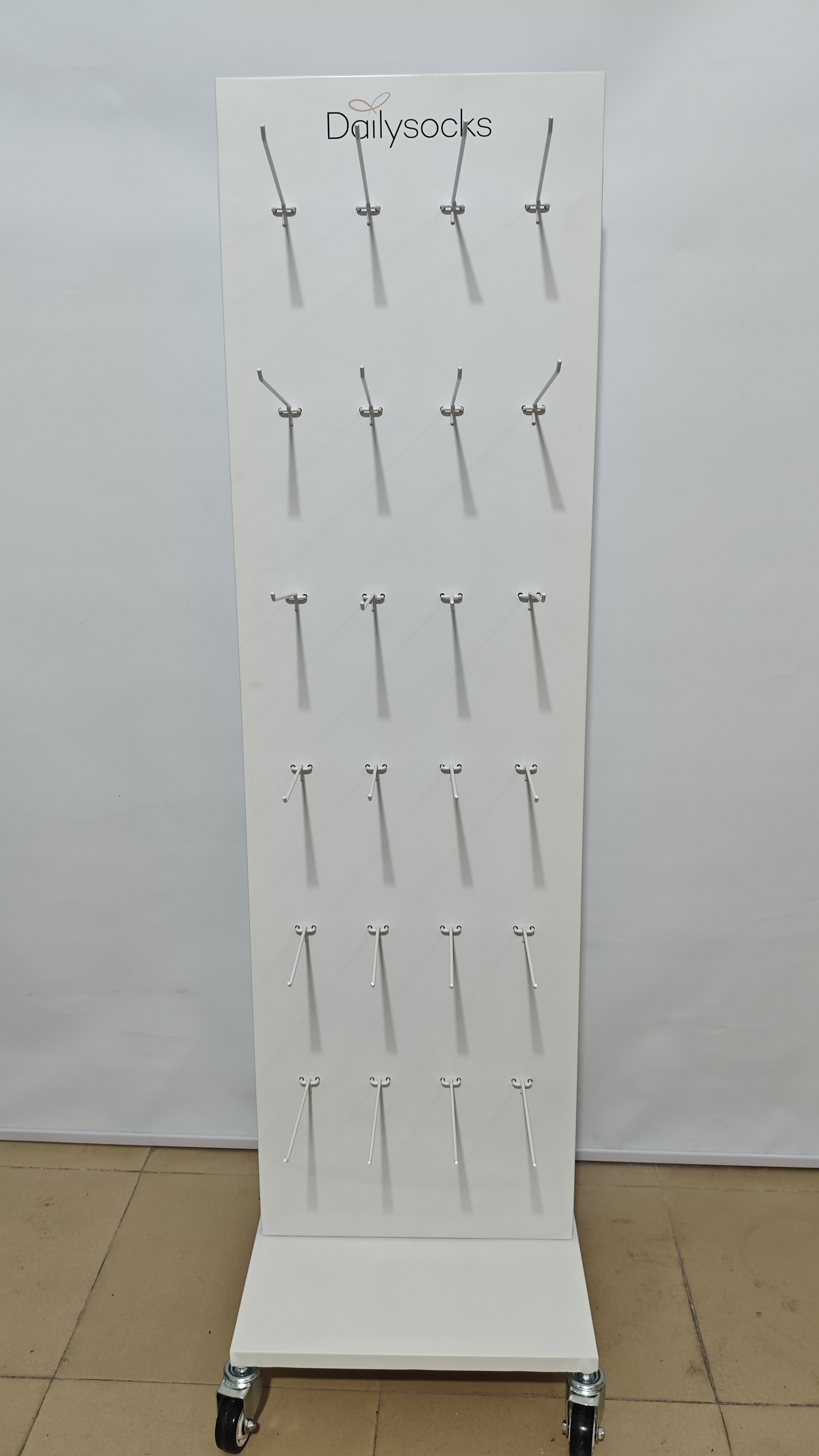 Metal Peg Board Floor Standing Advertising Display Stand Double-side Detachable Racks with Long Hooks Castor for Retail Shops — view 2