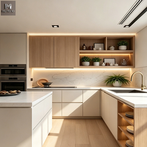 Gabinetes de <span class=keywords><strong>Cocina</strong></span> Modernos de Lujo con Isla Redondeada, Diseño Minimalista, Madera Contrachapada MDF con Acabado en Veta de Madera, Armarios de Almacenamiento Integrados - Product Image 2
