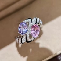 Vente directe, bague de luxe pour femme, style rétro français, avec deux pierres en diamant rose et violet, bijou coloré de luxe léger