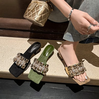 Sandales habillées d'été pour femmes, à talon carré ouvert de 4,5 cm, antidérapantes, avec strass scintillants, semelle TPR, fabriquées en Chine
