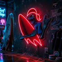 Enseigne néon LED personnalisée 'Surfing Skeleton' style vintage pour décoration murale de 'Man Cave' et d'intérieur, avec écran d'affichage