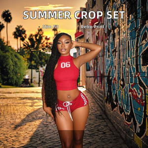 Nouveautés été : Ensemble décontracté 2 pièces pour femme, crop top vintage imprimé et short moulant au-dessus du genou, 100 % polyester écologique - Product Image 2