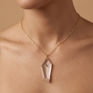 Fancy Cut Clear <b>Quartz</b> Gemstone Pendant Charms with round cut CZ Inlaid 18k Gold Plated Paperclip Chain Brass <b>Necklace</b> For Women - Product Image 2