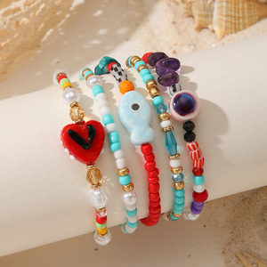 Set di Bracciali Vintage Multicolore con Perline, Design Boho con Cuore, Pesce e Occhio <span class=keywords><strong>del</strong></span> Diavolo, Accessorio per Spiaggia e Vacanze - Product Image 2