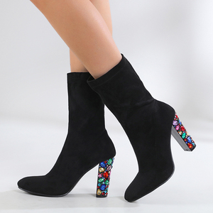Bottines sexy à talon épais en tissu élastique pour femmes - Product Image 1