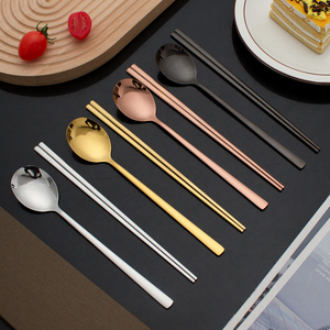Home Restaurant Barbecue Mirror Polish Stainless Steel Cutlery Set Flat Korean Chopsticks and <strong>Spoon</strong> With Gift Box - Product Image 2