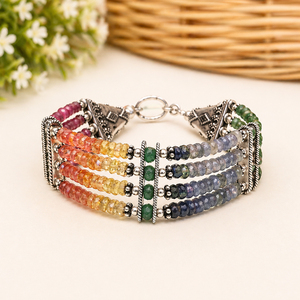 925 Sterling Silver Multi Sapphire <b>Beaded</b> <b>Bracelet</b> Handmade Gemstone Jewelry for Women - Product Image 1