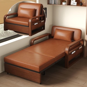 New Model Chinese-Style <strong>Folding</strong> Extendable Sofa <strong>Bed</strong> Oil Wax Leather Dual-Use <strong>Double</strong>-Seater Living Room Push-Pull Mechanism Wood - Product Image 3