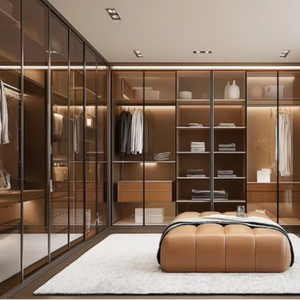 Dressing sur mesure moderne de luxe, armoire autoportante avec cloison en verre, éclairage LED, chambre à coucher, appartement, villa, maison - Product Image 1