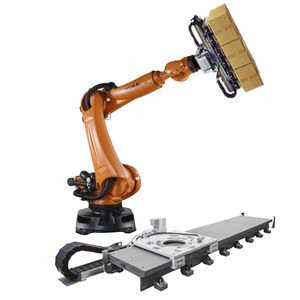 <span class=keywords><strong>Robot</strong></span> de palettisation à six axes <span class=keywords><strong>KUKA</strong></span> KR 210 R2700 Extra, avec fixation Schunk et rail de guidage CNGBS, utilisé pour les robots de manutention. - Product Image 1