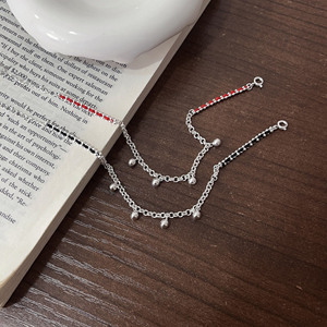 S925 Sterling Silver Red Black <b>Rope</b> Braided <b>Bracelet</b> Tassel Design Women's Everyday Wear Jewelry - Product Image 3